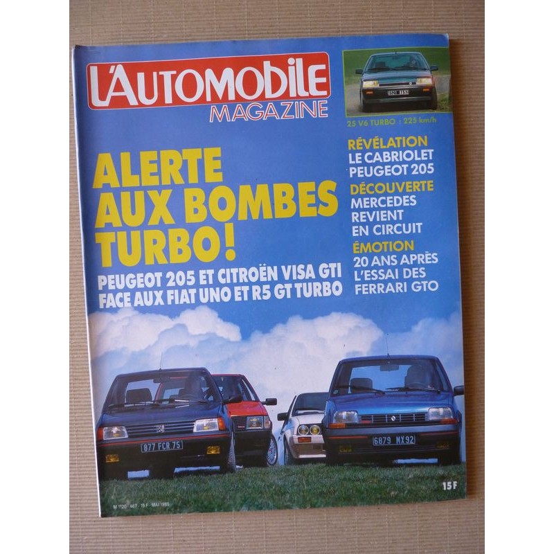 L'Automobile n°467, Ford Escort RS, Renault 25 V6 Turbo, Ferrari GTO, Mercedes 190 Prod, Fiat Uno Turbo iE, R5 GT Turbo