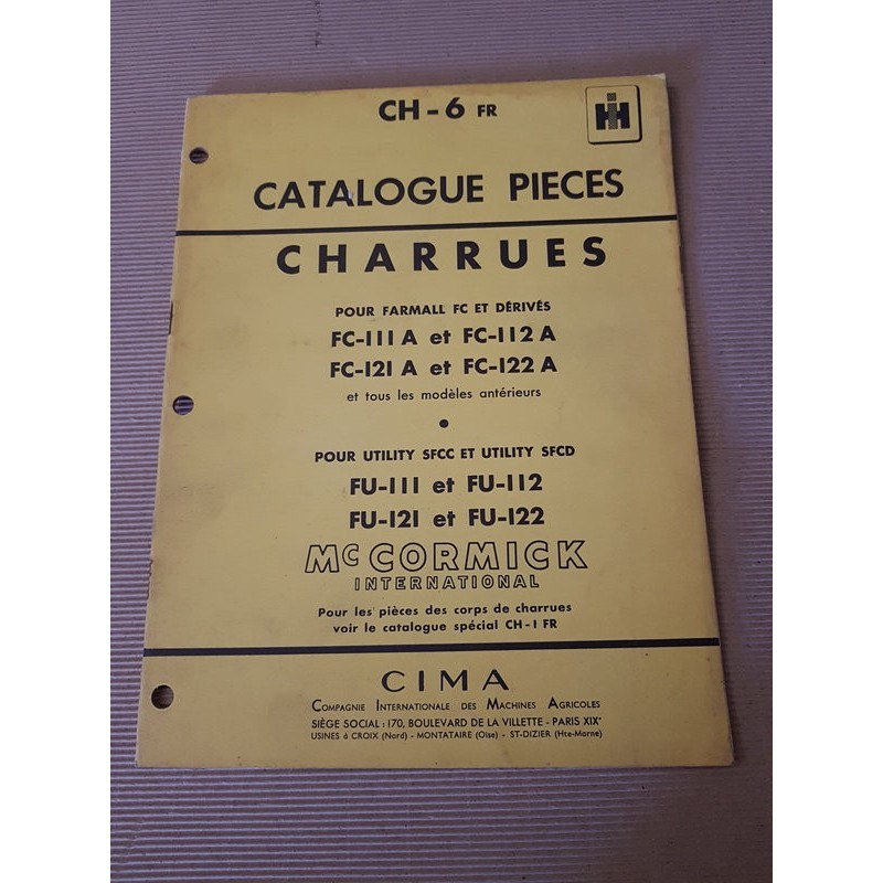 McCormick IH charrue FC et FU 111 112 121 122, catalogue de pièces original