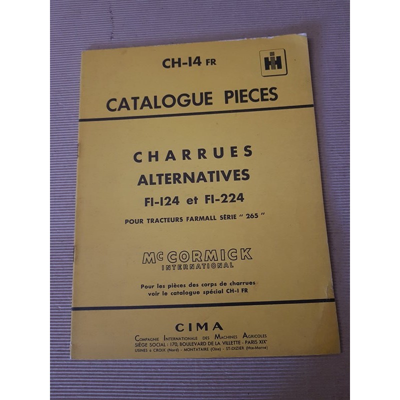 McCormick IH charrue F1-124 F1-224 de Farmall 265, catalogue de pièces original