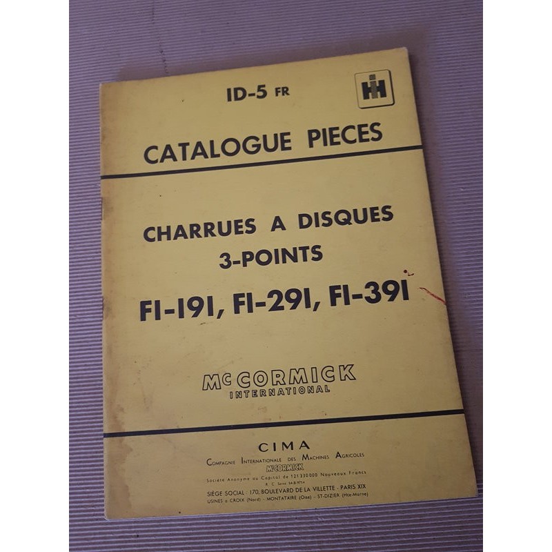 McCormick IH charrue F1-191 F1-291 F1-391, catalogue de pièces original